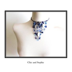 Blue Beaded Choker Dangling Necklace
